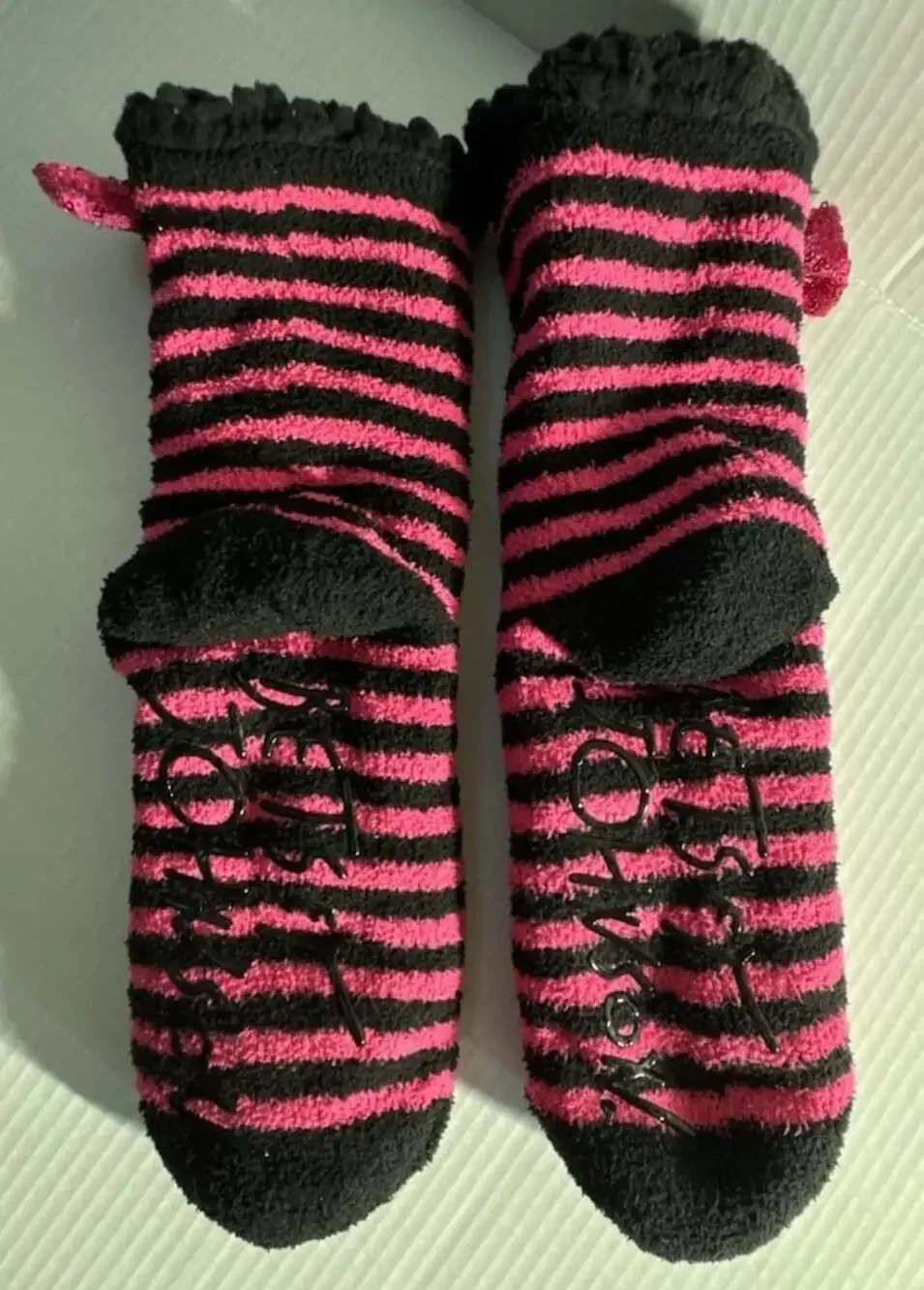 Betsey Johnson Pink and Black Striped Skull Cozy Slipper Socks